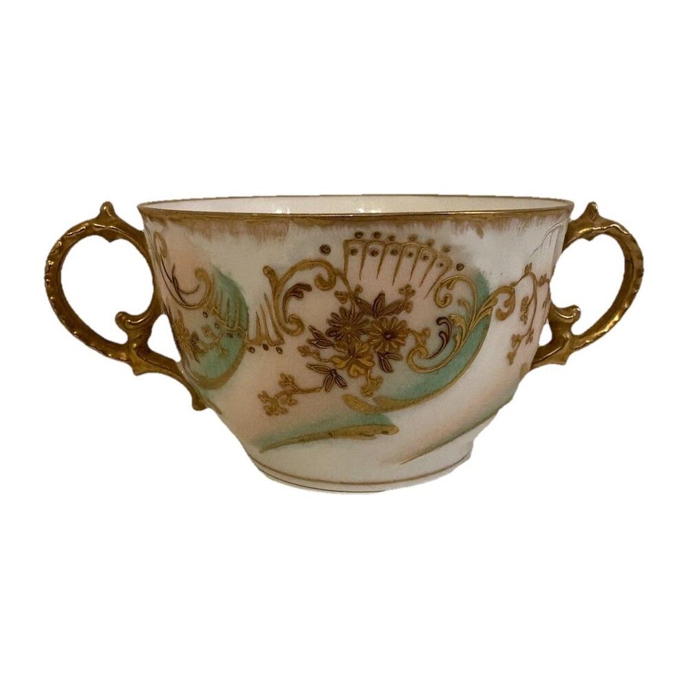 Antique LS&S Limoges France Double Handled Bouillon Cup Gilt Floral 1891-1906